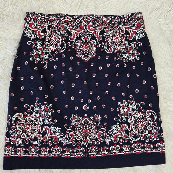 Talbots Size 8 Pencil Skirt Blue with Red White Pattern Hidden Side Zipper - Picture 8 of 10